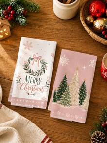 MEMNUN 2 Pcs Christmas Pink Christmas Tree Wreath Merry Christmas Text Printed Pattern Kitchen Towel Dish Cloth Super Fine Fiber Polyester Material Holly Berry Bell Christmas Theme Decorative Hand Towel Christmas Home Decor, Kitchen Decor, Christmas Decor Suitable For Restaurant Kitchen Holiday Decoration And Gift Giving 40*60cm/45*70cm - Multicolor - View 7
