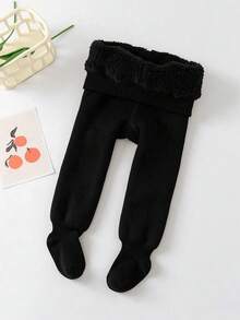 1pc Thickened Fleece Lined Warm Tights For Baby Girls, Solid Color Cotton Leggings, Winter Outdoor - Black - View 3