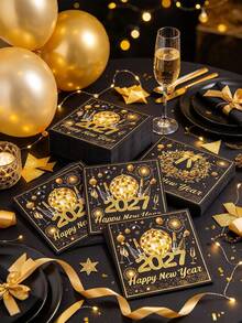 20pcs/5pcs 2027 New Year Luxury Black & Gold Disposable Cocktail Napkins, Shiny Disco Ball Sequin Print, Suitable For Party, Bar And Banquet Holiday Table Decor - A - View 1