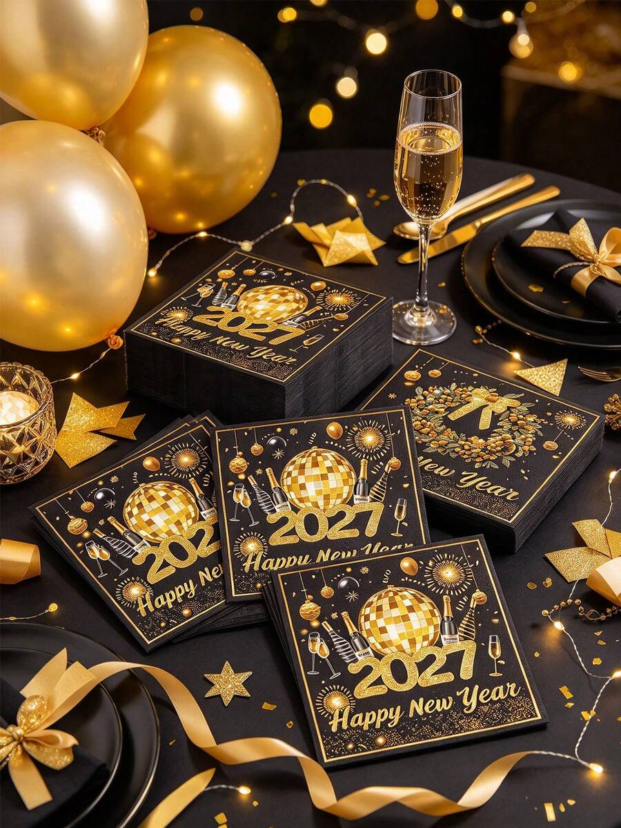 20pcs/5pcs 2027 New Year Luxury Black & Gold Disposable Cocktail Napkins, Shiny Disco Ball Sequin Print, Suitable For Party, Bar And Banquet Holiday Table Decor - A - View 1