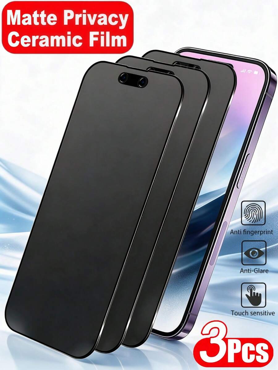3Pcs Frosted Anti Peeping Ceramic Film Anti Glare, Anti Fingerprint, Anti Spy Flexible Phone Screen Protector Compatible With IPhone Duo 18 17 16 Pro Max No Bubble Automatic Suction Privacy Protection Film With Soft Film Non Glass