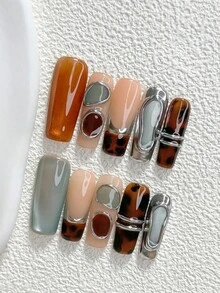 秋冬款 10片裝復古玳瑁風手工穿戴甲 Polygel美甲套組 線條設計 銀色與橘色指甲油 極簡琥珀風 杏仁甲 鴨嘴甲 棺材甲 適合派對、跳舞、日常佩戴（手工細節可能有所不同） - 彩色 - 查看 20