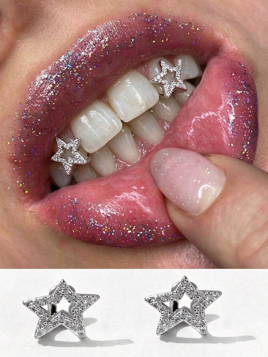 2 Retro Star Studded Rhinestone Teeth Design Women's Jewelry - Star - View 1