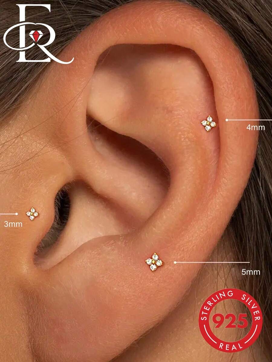 EleRunis 1pc 925 Sterling Silver Delicate Flower 2/3/4mm Flat Back Cartilage Stud Earrings, Suitable For Helix/Conch/Lobe/Cartilage/Ear Rim, Threaded Piercing, Dainty Jewelry, Daily Wear & Party Style - Gold - View 1