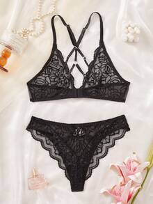 French Style Mature Women's Lace Deep V Long Triangle Cup Bra & Panty Set, Minimalist Sexy Backless Lingerie For Valentine's Day Date - Black - View 2