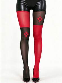 1 Pair Red & Black Patchwork Argyle Tights, Soft & Comfortable, Suitable For Halloween, Theme Parties, Cosplay, Stage Shows, Holiday Outfits, Eye-Catching Fashion Accessory - Multicolor - View 7