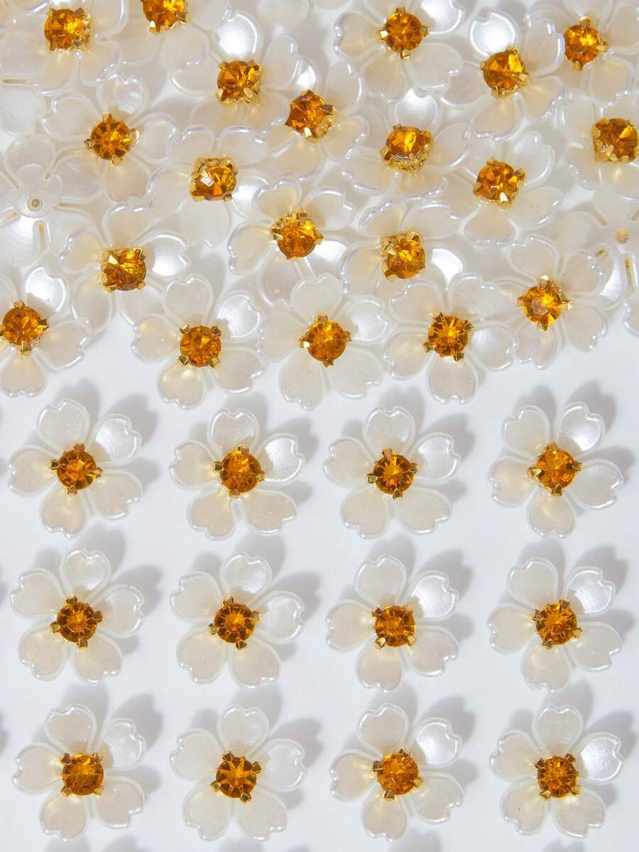 20/50/100pcs/Bag, 15mm Five-Petal Bauhinia Flower, Gold Base Claw Set With Light Yellow Rhinestone Resin Flower, No-Hole Pearl Flower, For Clothing Decoration - Yellow Diamond Bauhinia - View 1