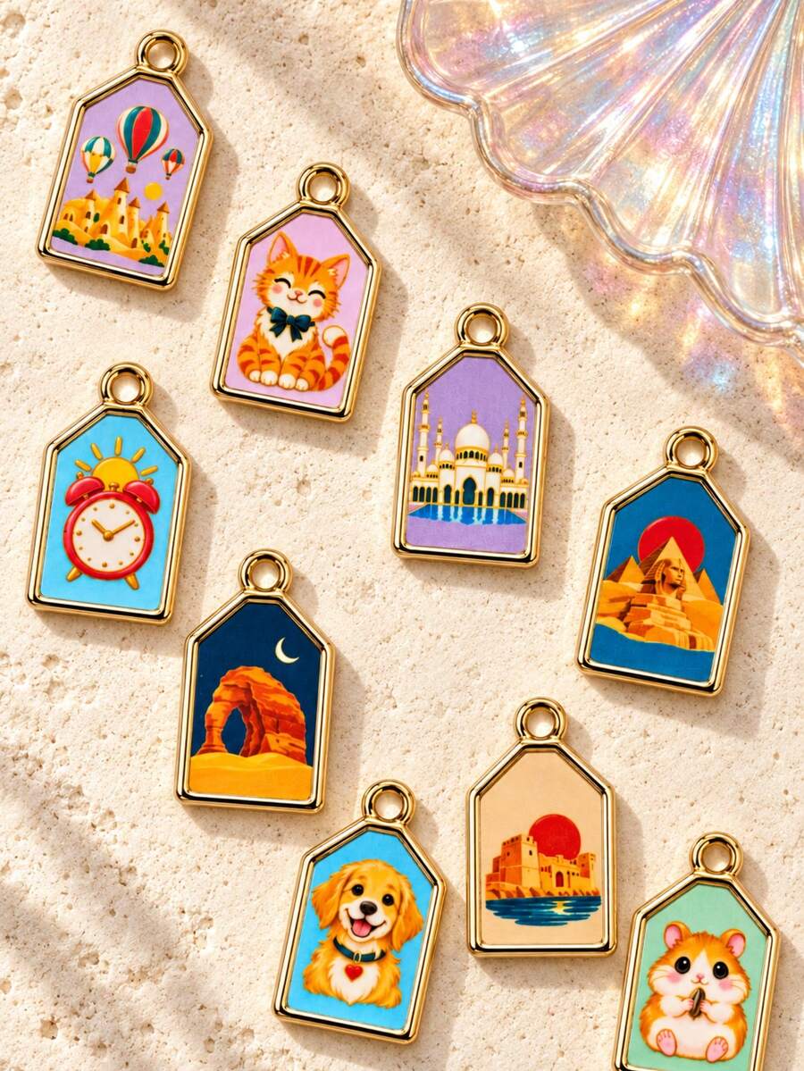 Gold Enamel Charms For DIY Jewelry - Cute Cat, Dog, Pyramid & Castle Pendants, Travel & Animal Themed Gold Plated Accessories For Bracelets - Multicolor - View 1