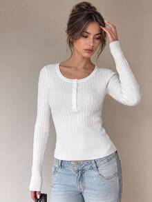 SUNSTORY Sweater Rajut Pendek Kancing Henley Leher Bulat Pas Badan Warna Solid Musim Gugur, Atasan Serbaguna Wanita untuk Jalan-jalan, Perjalanan, dan Pesta Natal - Putih - View 9