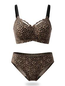 Women's Brown Leopard Print Wireless Bra And Panty Set, Classic Animal Print Vintage Fashion Style, Adjustable Spaghetti Strap, Hollow Details, Removable Pads, Soft Lingerie Set - Brown - View 16
