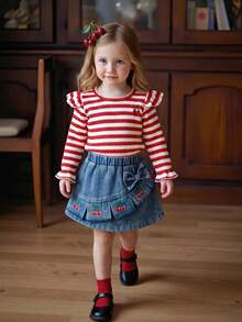 Set 2 Potong Motif Ceri Populer untuk Bayi Perempuan: Atasan Lengan Panjang Bergaris Gelombang Merah & Putih + Rok Denim Berenda Bordir Ceri, Gaya Manis untuk Musim Semi dan Gugur. - Merah - View 2