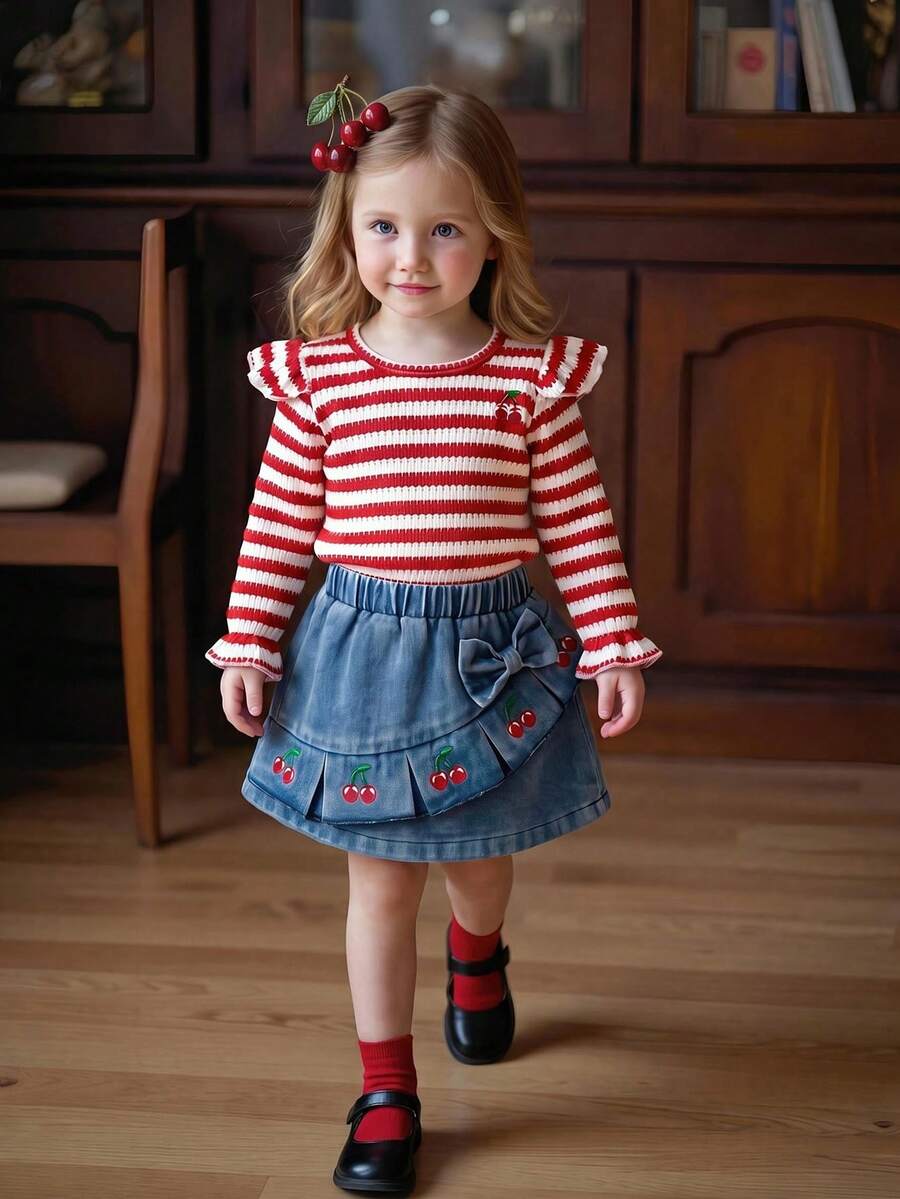 Baby Girl Popular Cherry Element 2pcs Set Red & White Wavy Striped Flutter Sleeve Long Sleeve Top + Cherry Embroidered Ruffle Trim Denim Skirt Sweet Style Spring Autumn Outfit - Red - View 1