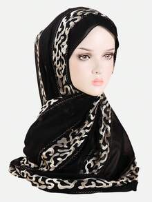 1pc Faux Silk Chiffon Fabric Breathable Lightweight Embroidered Rhinestone Shiny Elegant Hijab Headscarf Long Scarf - Pink - View 4