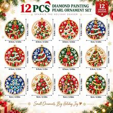 12Pcs 10cm Round Wooden DIY Pearl Diamond Painting Ornaments Kit, Christmas Tree Poinsettia Snowflake Pattern Hanging Pendants, Xmas Tree Handmade Craft Decor With Hemp Rope - View 6
