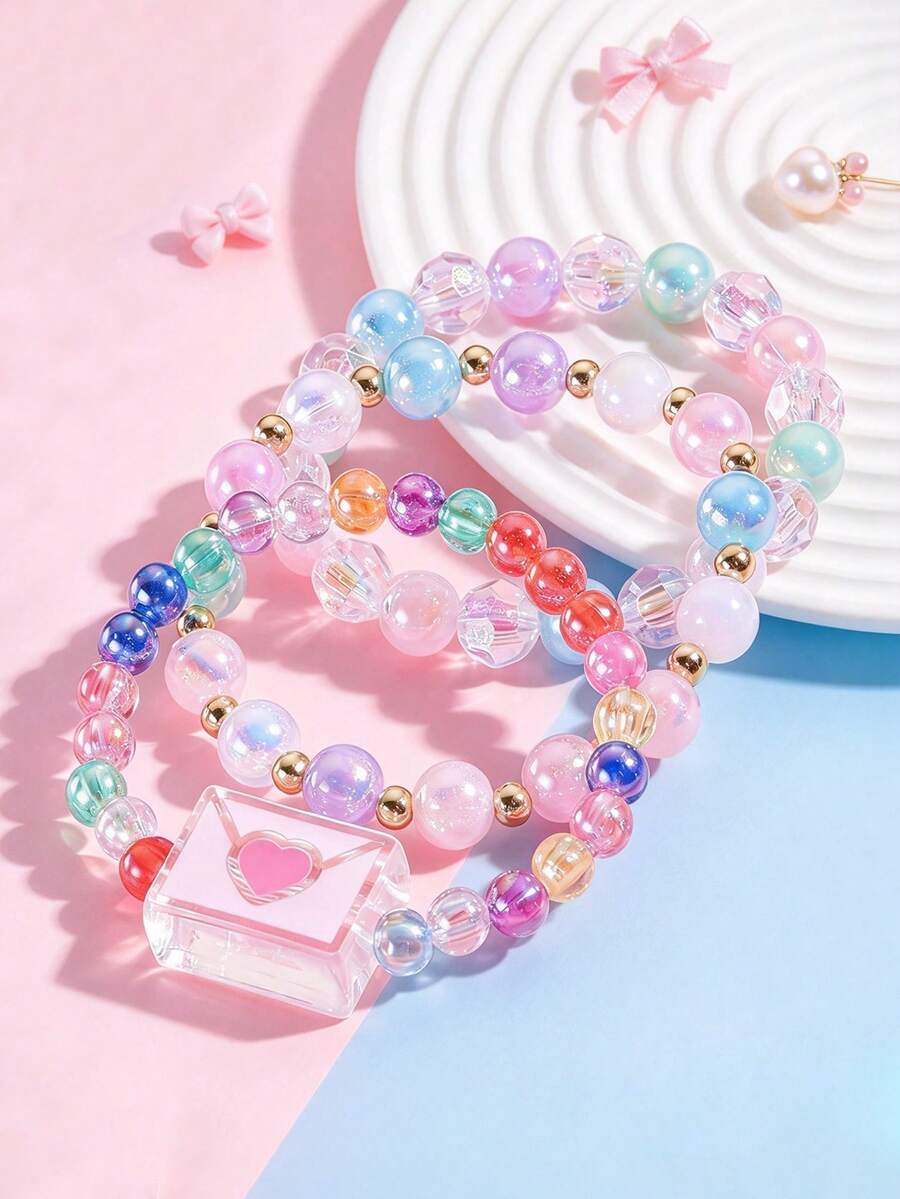3pcs/Set Cute Heart-Shaped Envelope Resin Pendant Colorful Beaded Children's Bracelet Multi-Layer Stackable Elastic Bracelet For Girls Daily Wear - Multicolor - View 1