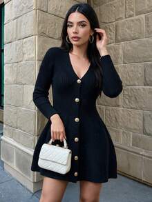 Vexica Women's Black Sweater Dress, Sexy V Neck Gold Buttons Ribbed Long Sleeve Mini Fall Winter Night Out Daily - Black - View 1