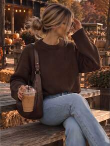 Women's Round Neck Dropped Shoulder Knit Sweater, Loose Fit Solid Color Basic Pullover Top, Vintage Style, Suitable For Commuting - Coffee Brown - View 1
