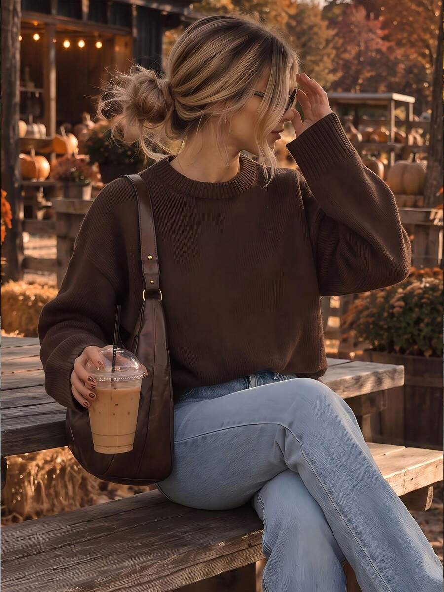 Women's Round Neck Dropped Shoulder Knit Sweater, Loose Fit Solid Color Basic Pullover Top, Vintage Style, Suitable For Commuting - Coffee Brown - View 1
