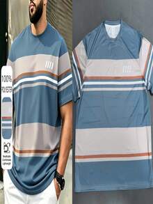 Plus Size Men's Vintage Striped Print Sublimation Fiber Crew Neck T-Shirt, Summer Casual Streetwear - Multicolor - View 8