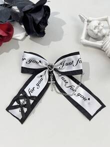 1pc Sweet Cool Letter Webbing Bow Hair Clip, Vintage Cross Chain Ribbon Hair Accessory, Cosplay Party Photo Prop - Multicolor - View 4
