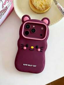 New Burgundy Red Wavy Edge Cat Expression Soft Silicone Material Fashion 3D Cartoon Pattern Phone Case Compatible With IPhone 13/14/15/16/17/18 Pro Max - Pink - View 4