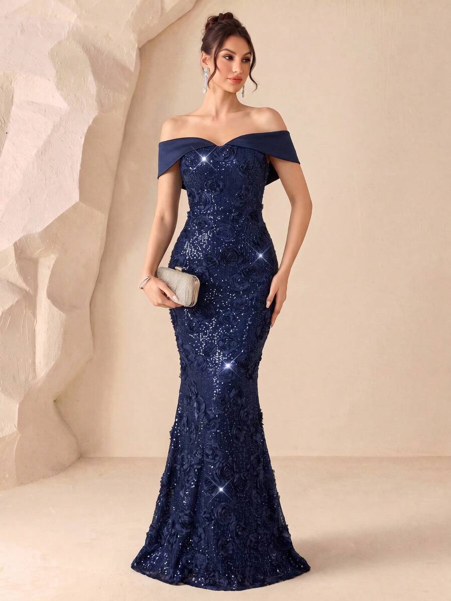 Elegant Party 3D Floral Sequin Mermaid Dress, Cold Shoulder Deep Blue Formal Evening Gown, Party Wedding Guest, Holiday, Autumn/Winter - Navy Blue - View 1