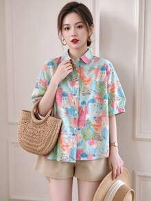 YUXIN Spring/Summer Bestselling Women's Colorful Castle Print Short Sleeve Shirt, Loose Fit Lapel Collar, Breathable And Comfortable, Suitable For Daily Wear And Vacation, Versatile - Mint Green - View 2