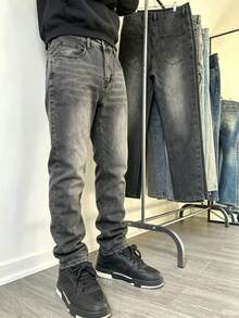 Men's Grey Stretch Slim Fit Denim Jeans, Y2K Street Casual Denim Pants - Grey - View 5