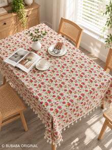 Bubaba 1pc Vintage Red Rose Floral Beige Tassel Edge Rectangular Tablecloth, Country Cottagecore Pastoral Style, Suitable For Kitchen, Dining Room, Party And Daily Home Decor - Multicolor - View 1
