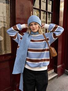 Women's Round Neck Long Sleeve Printed Sweatshirt, Regular Length Ribbed Knit Pullover, Suitable For Daily Wear - Multicolor - View 1
