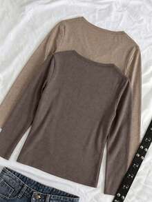 2pcs Women's Long Sleeve V-Neck Knitted T-Shirt, Regular Fit, Slightly Elastic Top, Suitable For Autumn/Winter - Light Brown + Dark Brown - View 2