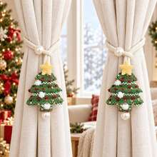 1/2pcs Handmade Fabric Star-Patterned Green Christmas Tree Curtain Tie, Sheer Curtain Fixed With Rope, Winter Christmas Holiday Window Decoration, Home Decor, Suitable For Curtain Fixing, Christmas Curtain Decoration - Multicolor - View 6