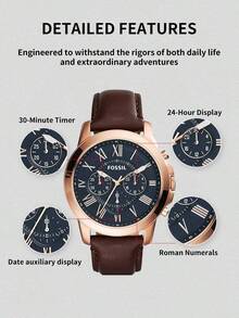 Fossil FS5068 Men Chronograph Watch,Rose‑Gold Steel Case,Brown Textured Strap,Navy‑Blue Dial,Roman Numerals,Date,3ATM Water Resistant - Brown - View 7
