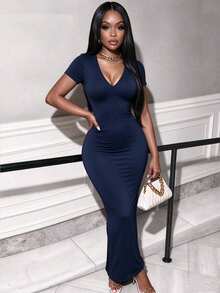 RNU Coffee Brown Solid Color V-Neck Short Sleeve Knit Dress, Soft Elastic Ribbed Fabric, Sexy Slim Fit Bodycon Maxi - Navy Blue - View 4