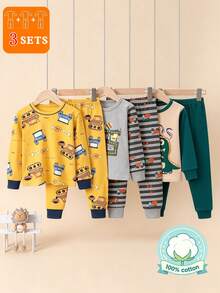 3 Sets Boys Cartoon Underwear Set, Cute Print, Medium-Thick Long Sleeve Long Pants Loungewear Set, Printed Autumn Top And Pants - Multicolor - View 1