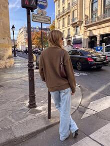 Women's Crew Neck Dropped Shoulder Loose Silhouette Sweatshirt, Casual Long Sleeve Basic Top For Autumn - Brown - View 9