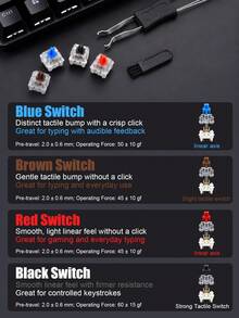 30/50/90pcs Practical Blue/Red/Brown/Black Mechanical Keyboard Switches, 2-In-1 Keycap Puller, Cleaning Brush, 3PIN Cross-Axis Design, Crisp Click Sound, Suitable For Hot-Swappable Mechanical Keyboard Replacement And DIY Upgrade, Gaming, Typing, Office Use - View 7