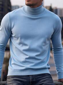 Men's Solid Color High Neck Long Sleeve - Casual Commute Minimalist Soft Autumn/Winter Top - Baby Blue - View 11