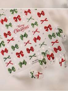 1 Sheet Christmas 3D Red & Green Bows Nail Art Stickers, Festive Glitter Snowflake & Star Nail Decals, Xmas Design Manicure DIY Decoration - Multicolor - View 5