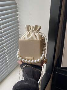 Elegant Pearl Chain Mini Square Bag For Women, Faux Leather Drawstring Bucket Crossbody Bag, Evening Handbag - Khaki - View 8