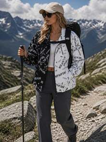 1pc Women's Outdoor Sports Style Letter Print Elastic Cuff Adjustable Hem Cycling Climbing Jacket - Black and White - View 1