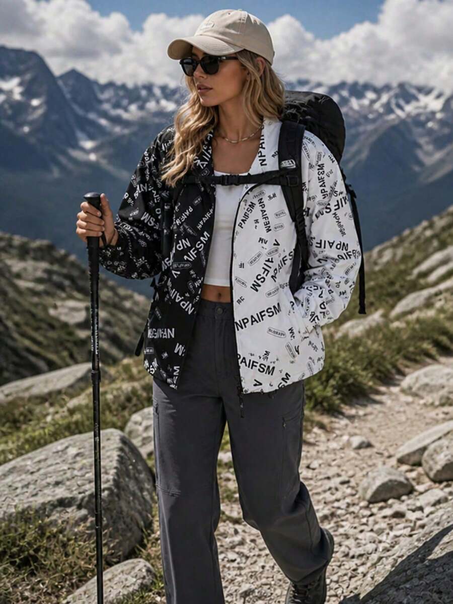 1pc Women's Outdoor Sports Style Letter Print Elastic Cuff Adjustable Hem Cycling Climbing Jacket - Black and White - View 1