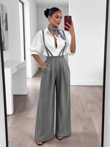 RNU Women's Autumn/Winter French Style Commuter Wide Leg Overalls, High Waist Pleated Design, Practical Pocket Detail, Drapey Suit Fabric, Casual Daily Commute Versatile Slimming Long Overalls - Grey - View 8