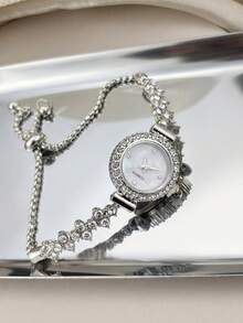 1pc Women's Fashionable Casual Bracelet Watch, Cute Round Metal Dial, Luxury Rhinestone Strap, Quartz Watch Gift - Silver - View 2