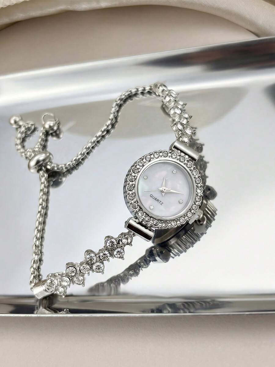 1pc Women's Fashionable Casual Bracelet Watch, Cute Round Metal Dial, Luxury Rhinestone Strap, Quartz Watch Gift