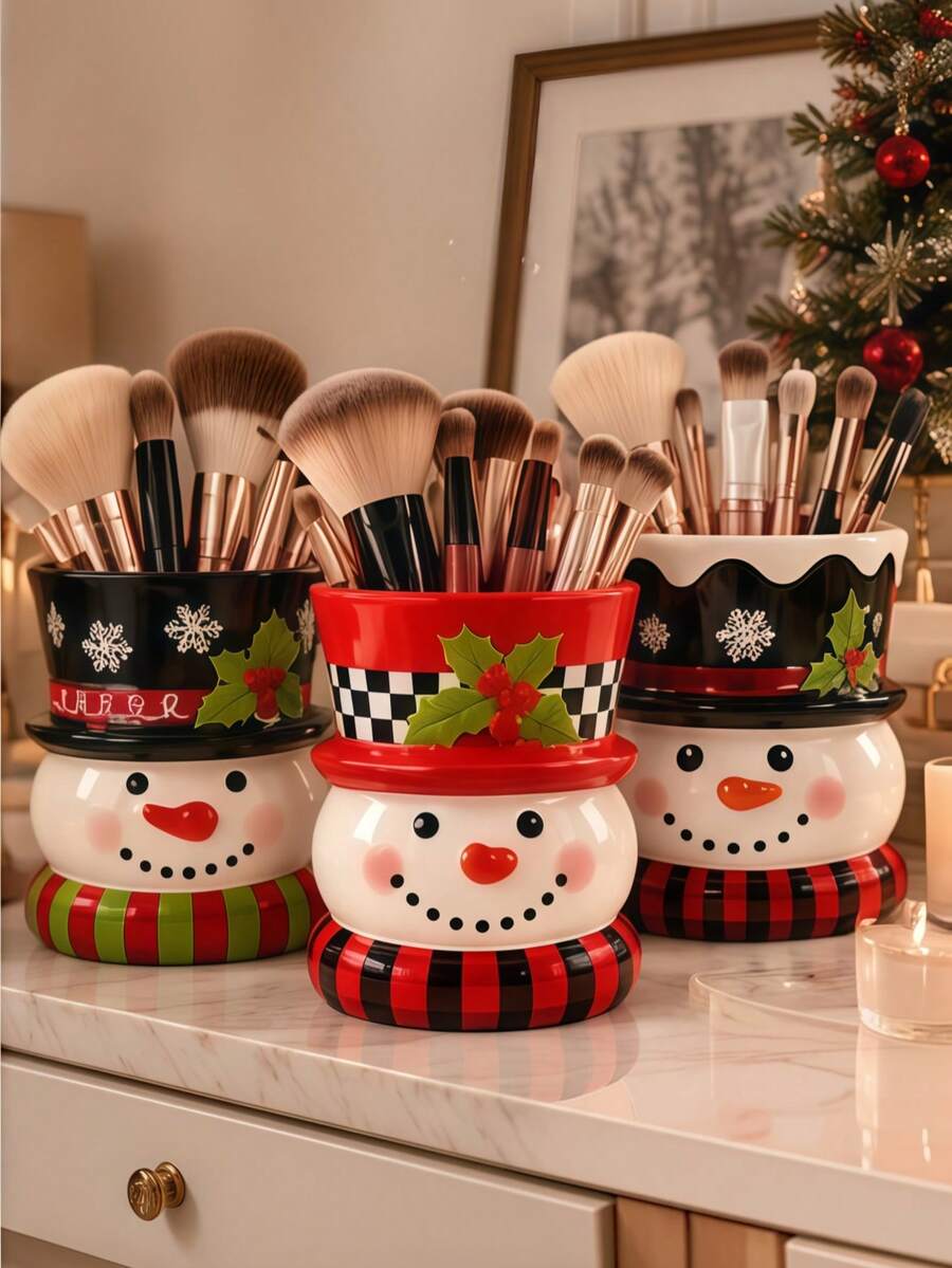 1Pc Whimsical Character Shaped Storage Cup, 3D Raised Pattern Detail, Desktop Cosmetic Tool Organizer For Christmas Vanity Decor - Multicolor - View 1