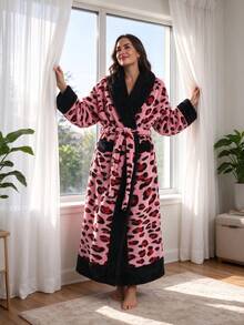 Leopard Print Wearable Blanket, Thick Soft Fluffy Plush Wrap Robe, Warm Cozy Oversized Wearable Throw Blanket With Belt & Pocket, Pink Leopard Pattern, For Home Lounge, After Bath, Camping, Indoor Relaxation, Autumn Winter Use - Multicolor - View 2