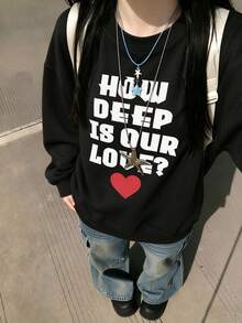 Slogan Niche SEBERAPA DALAM CINTA KITA? Sweatshirt Motif Hati Wanita, Potongan Longgar, Ramping, Leher Bulat, Lengan Panjang, Musim Gugur/Dingin - Hitam - View 5