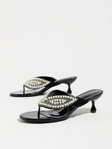 Women's Fashion Sexy Round Toe High Heel Sandals, Pearl Embellished Design, Flip Flops, Kitten Heel, Suitable For Date And Party Wear, Black High Heels - Black - View 8
