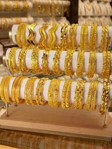 4pcs Set African/Arabic Style Hollow Fashion Bracelet, Gold-Plated Copper Material, Anti-Rust And Non-Fading - Elegant Women's Bracelet, Gold Alternative, Suitable For Daily Wear, Birthday, Party And Ramadan - Gold - View 2